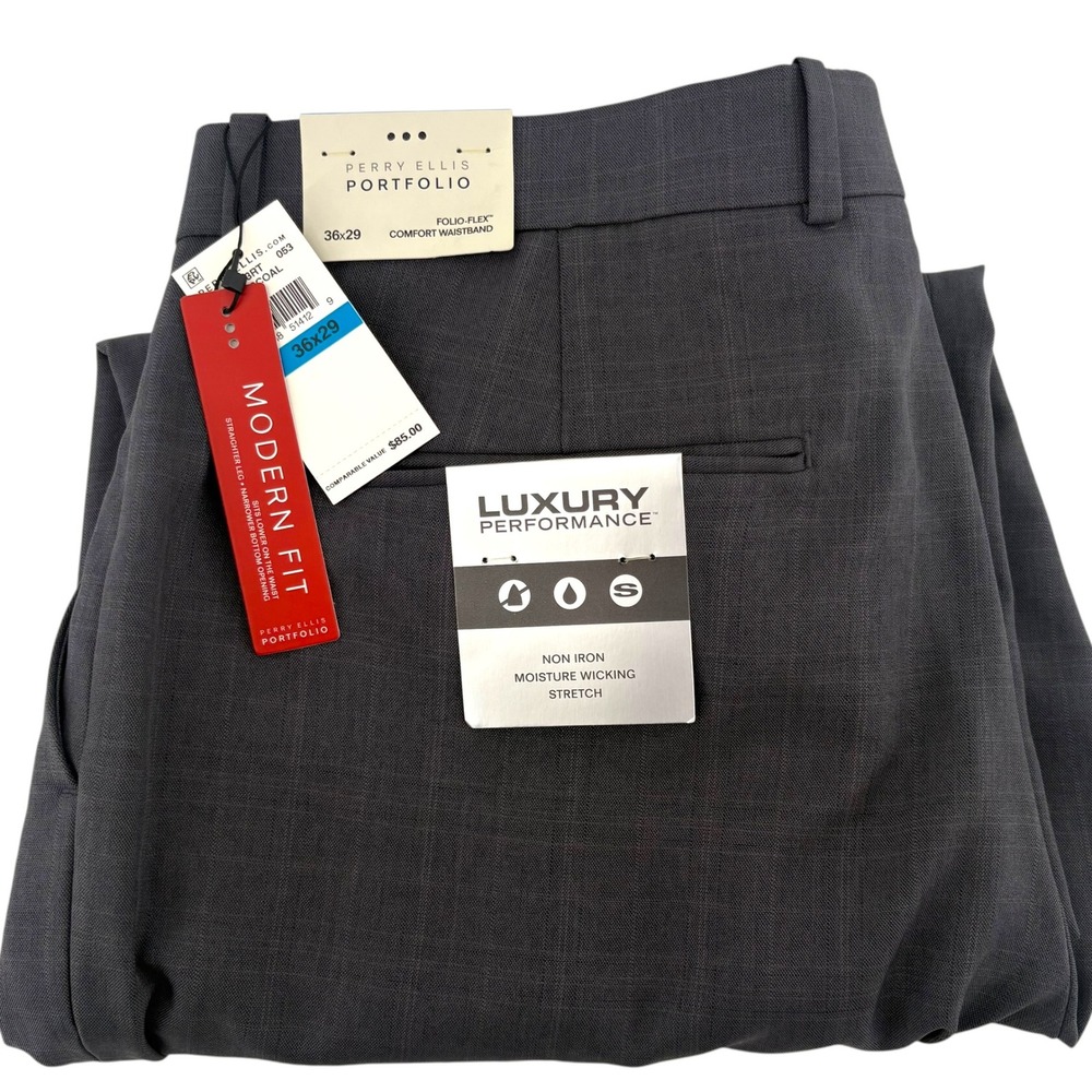 Perry Ellis Portfolio Modern Fit Dress Pants Charcoal Plaid 36x29 Luxury Stretch